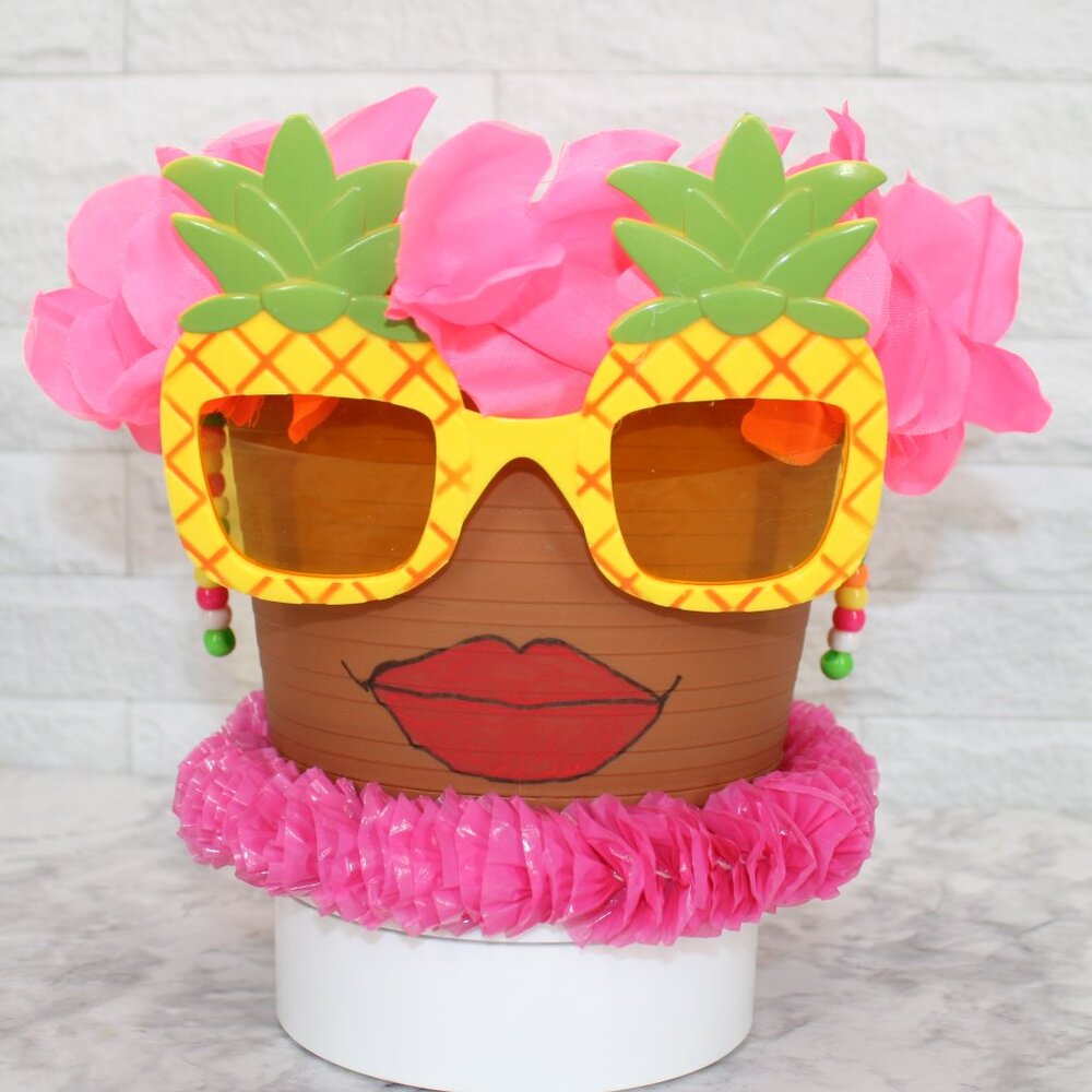 HAND CRAFTED Pot Head Pineapple Planter Upcycled Lady Face Luau Decor